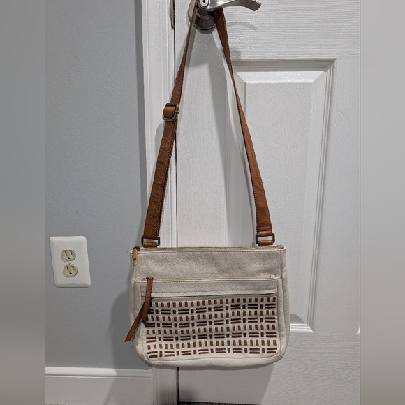 Fossil Corey Cream, Tan & Brown Cross Stitch Large Crossbody Bag - Picture 1 of 13
